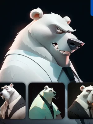 Midjourney Prompt White Polar Bear Boss Man Suit Quirky Brooding Character Design Animation Cartoon