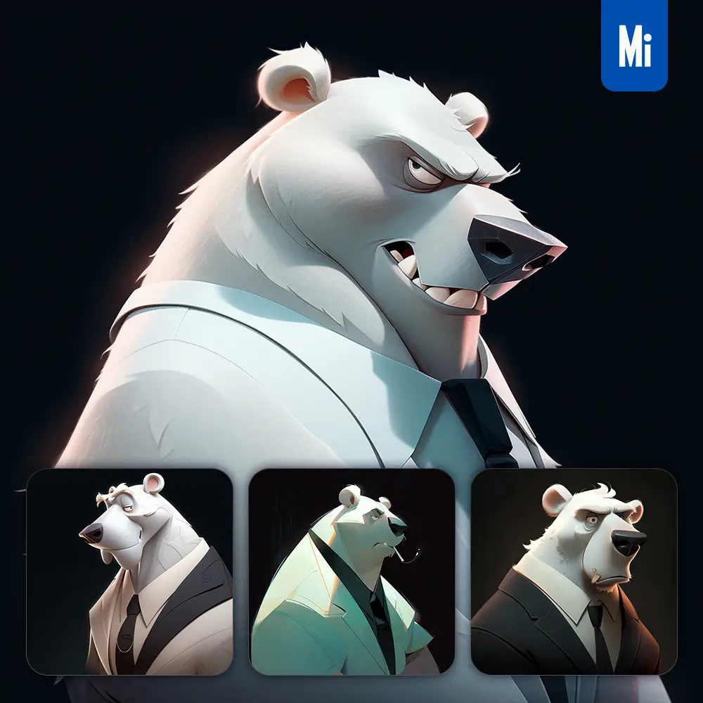 midjourney prompt white polar bear boss man suit quirky brooding character design animation cartoon