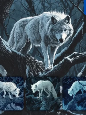 Midjourney Prompt White Wolf Night Tree Trunk Comics Illustration
