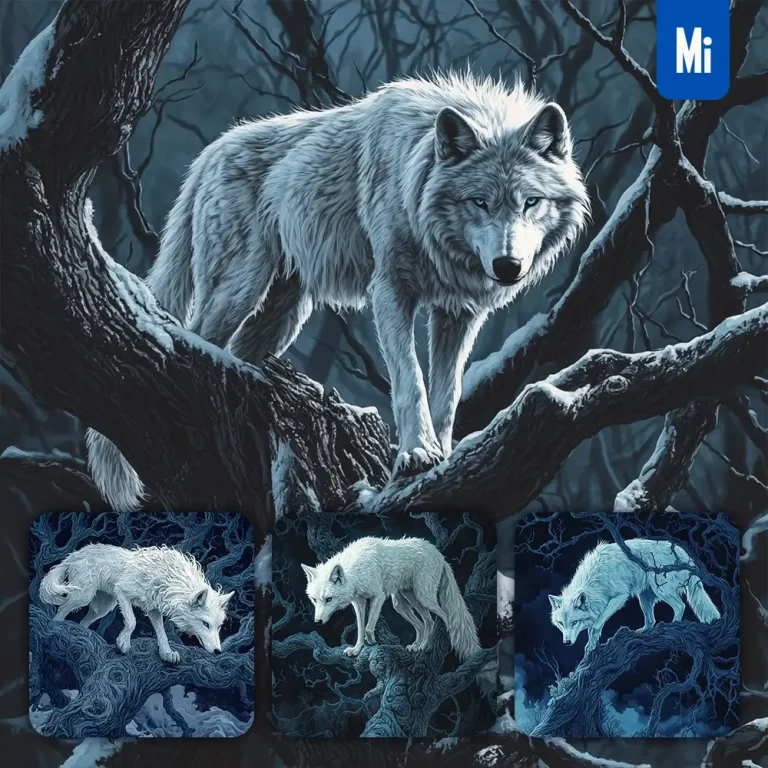 midjourney prompt white wolf night dark tree trunk comic illustration