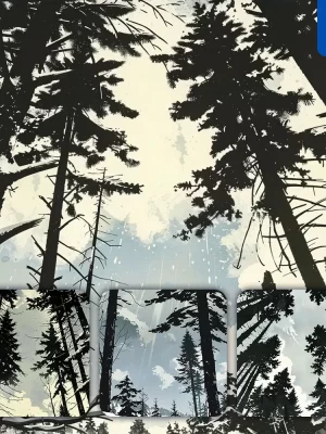 Midjourney Prompt Winter Pine Tree Sky Sunshine Cloud Woodcut Print Woodblock