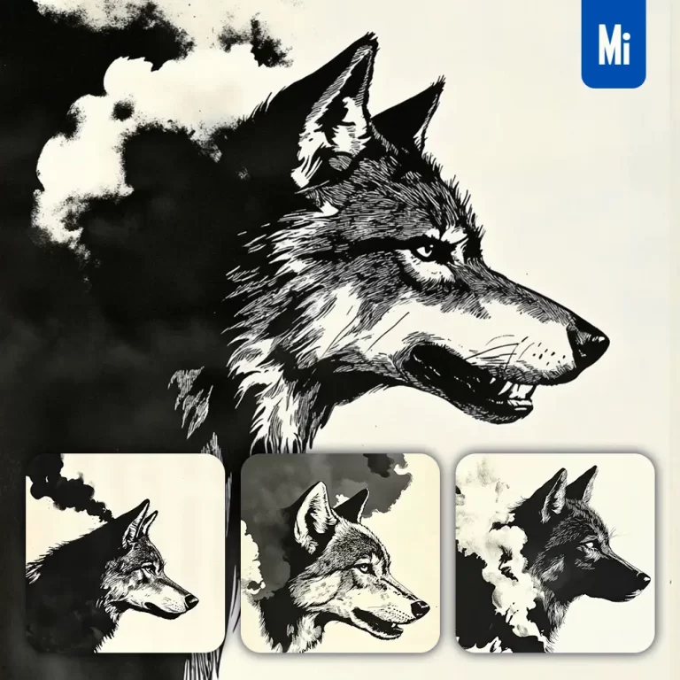 midjourney prompt wolf head black and white woodcut print woodblock