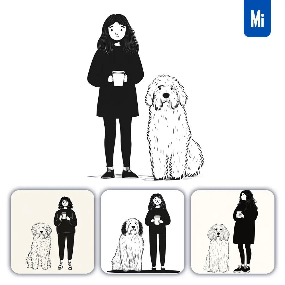 midjourney prompt woman girl coffee dog front black and white drawing lines illustration