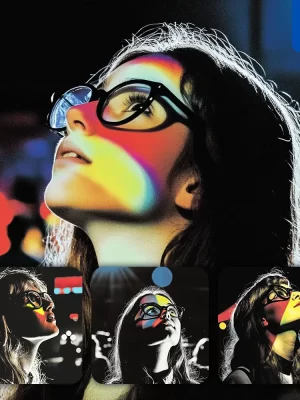 Midjourney Prompt Woman Girl Face Glasses Head Look Up Woodcut Print Woodblock