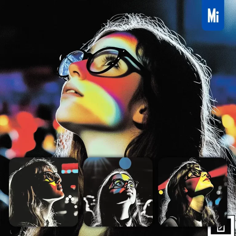 midjourney prompt woman girl face glasses head look up woodcut print woodblock