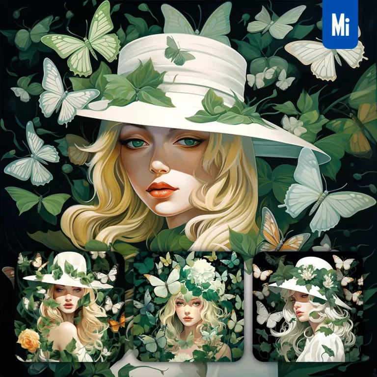 midjourney prompt woman girl female blonde hat butterfly leaves portrait painting illustration