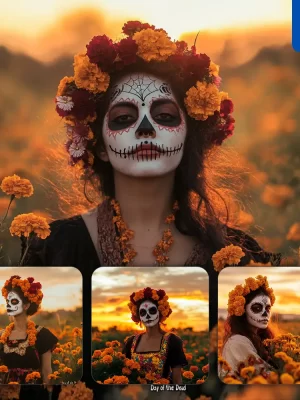 Midjourney Prompt Woman Skull Sunset Dead White Face Orange Marigold Flower Photography