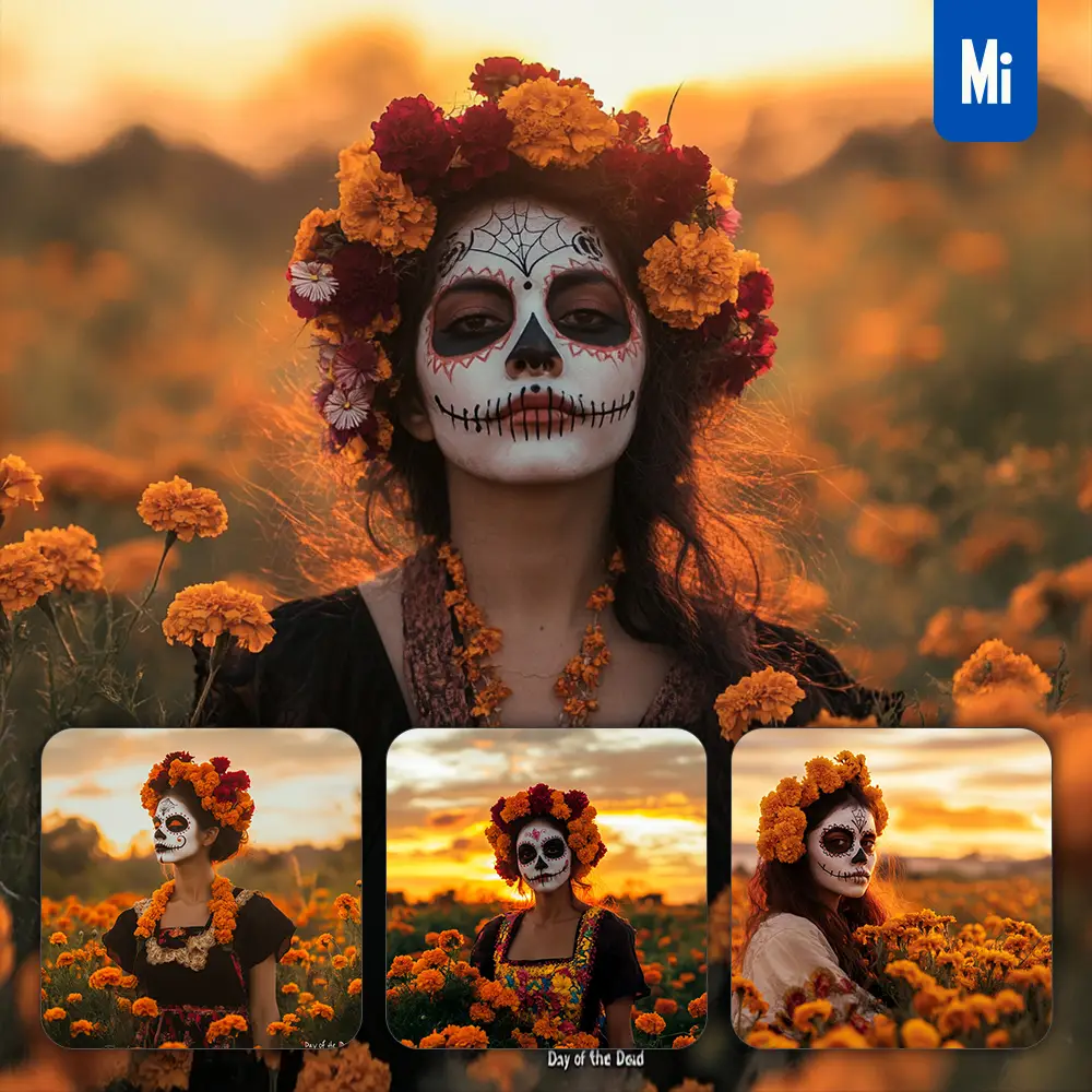midjourney prompt woman skull sunset dead white face orange marigold flower photography
