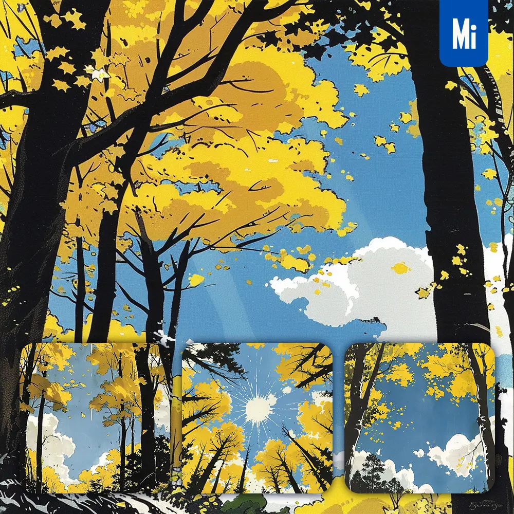 Midjourney Prompt Yellow Autumn Tree Sky Cloud Woodcut Print Woodblock