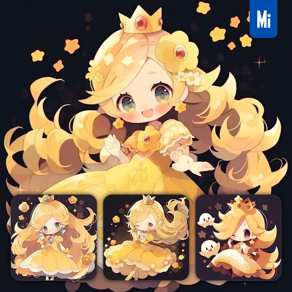 midjourney prompt yellow princess girl lovely queen crown dress 3D cute doll cartoon animation