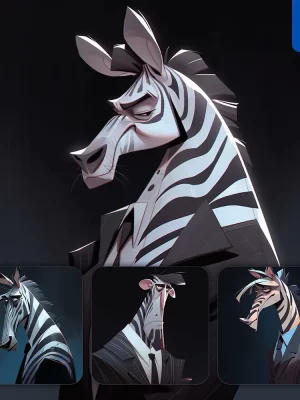 Midjourney Prompt Zebra Man Boss Suit Quirky Brooding Character Design Animation Cartoon