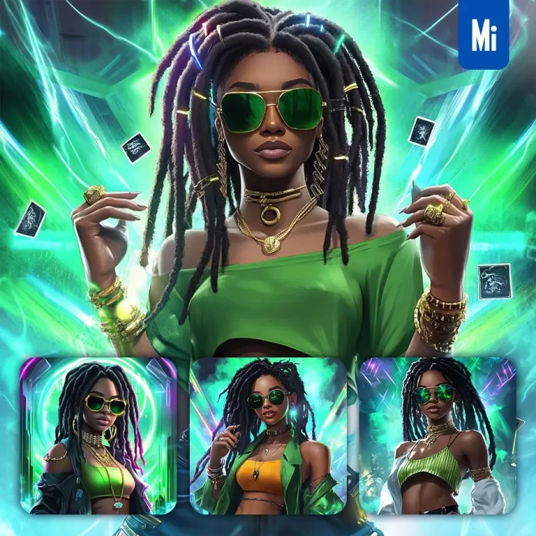 midjourney prompt African woman dreadlocks girl female fluorescent neon green lady hair portrait cartoon illustration