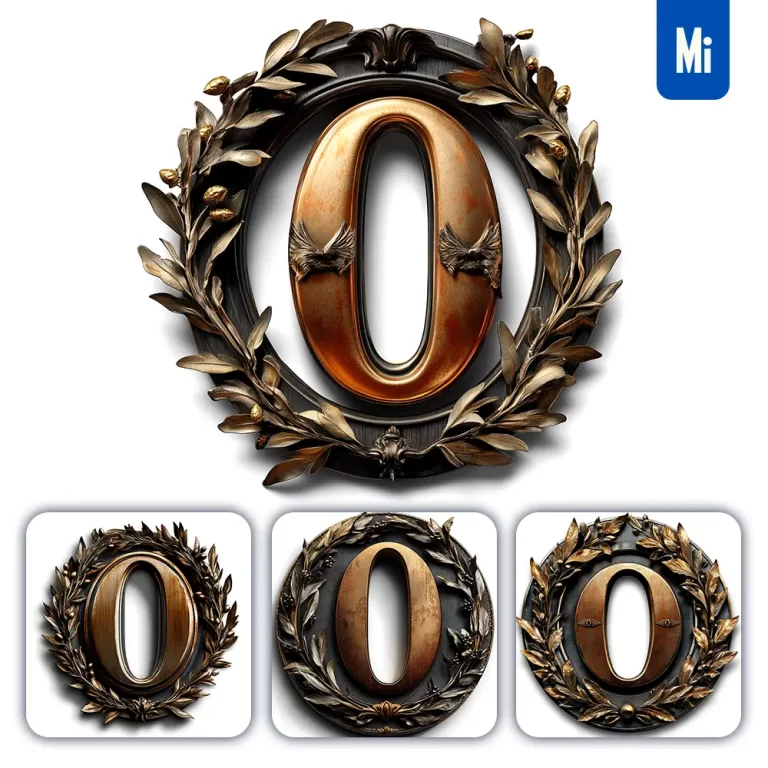 midjourney prompt 0 Number logo retro 3D rendering dark gold golden metal