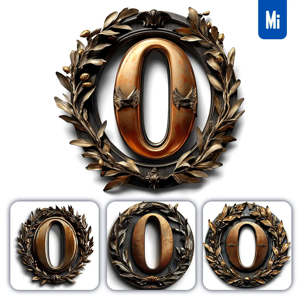 midjourney prompt 0 Number logo retro 3D rendering dark gold golden metal