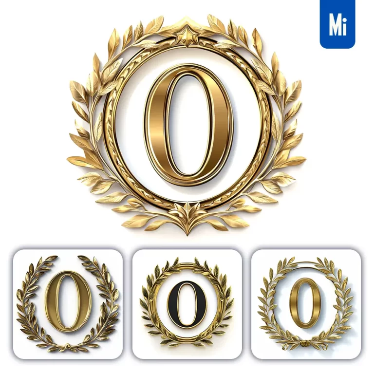 midjourney prompt 0 number badge logo gold golden dark olive branches round ring hollow white metal 3D rendering