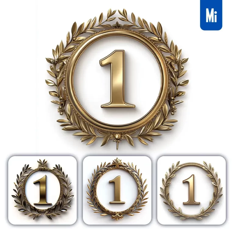 midjourney prompt 1 number badge logo gold golden dark olive branches round ring hollow white metal 3D rendering