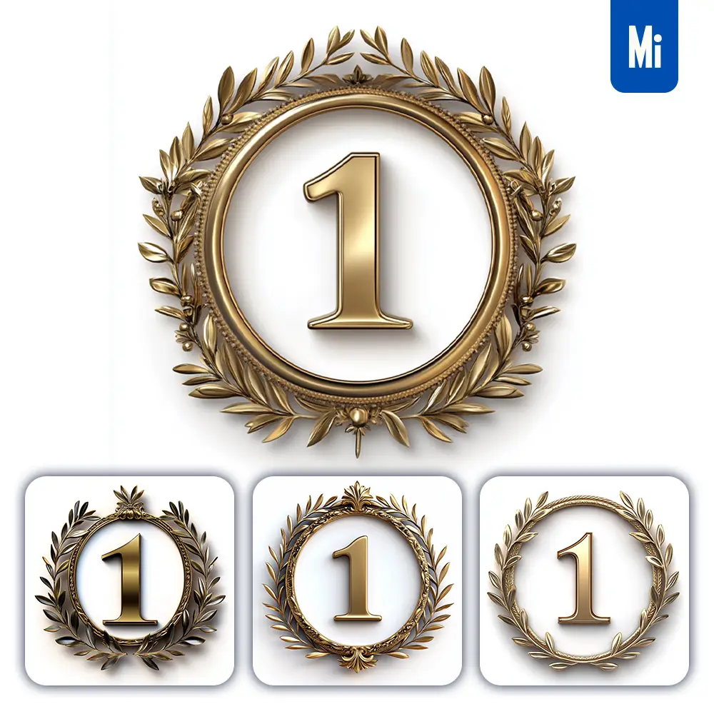 midjourney prompt 1 number badge logo gold golden dark olive branches round ring hollow white metal 3D rendering