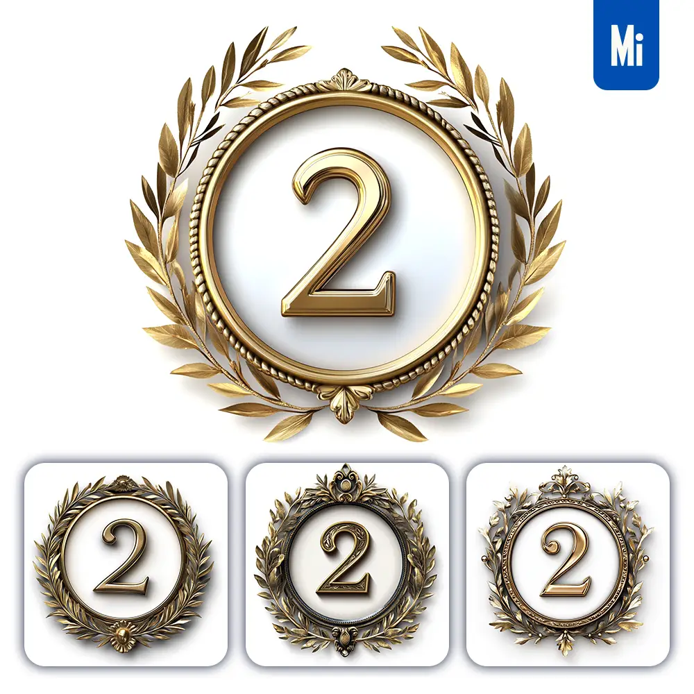 midjourney prompt 2 number badge logo gold golden dark olive branches round ring hollow white metal 3D rendering