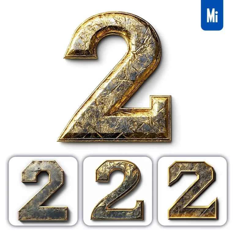 midjourney prompt 2 number logo 3D rendering gold golden metal
