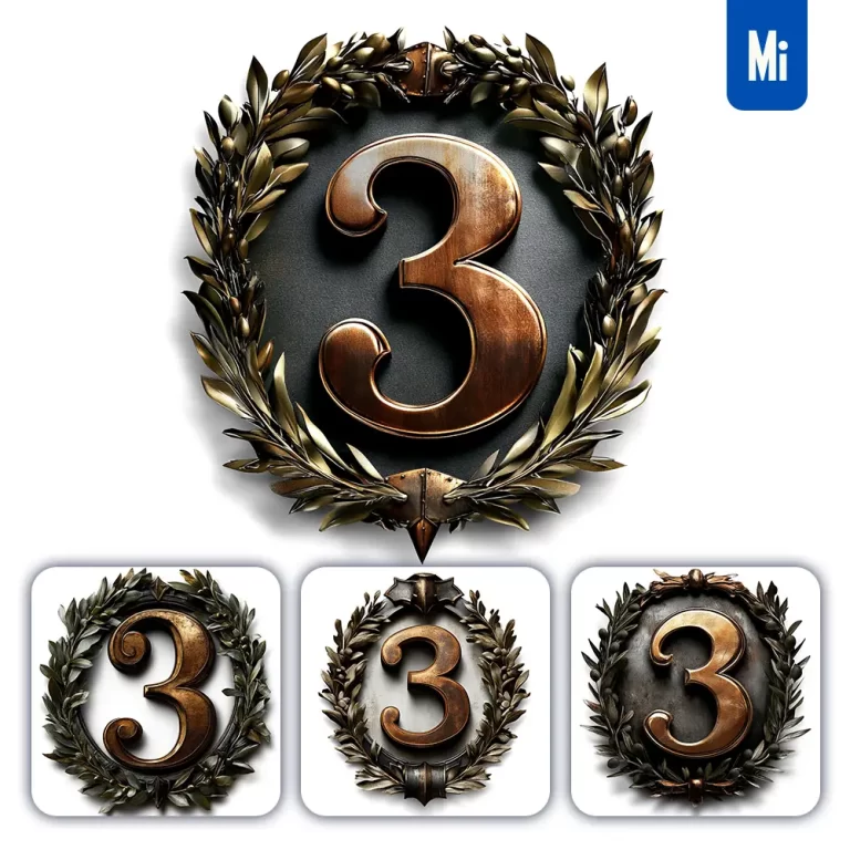 midjourney prompt 3 Number logo retro 3D rendering dark gold golden metal