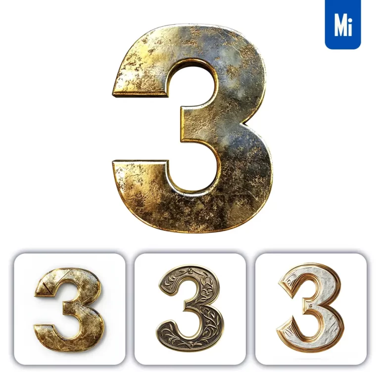 midjourney prompt 3 number logo 3D rendering gold golden metal
