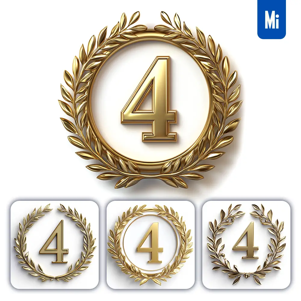 midjourney prompt 4 number badge logo gold golden dark olive branches round ring hollow white metal 3D rendering
