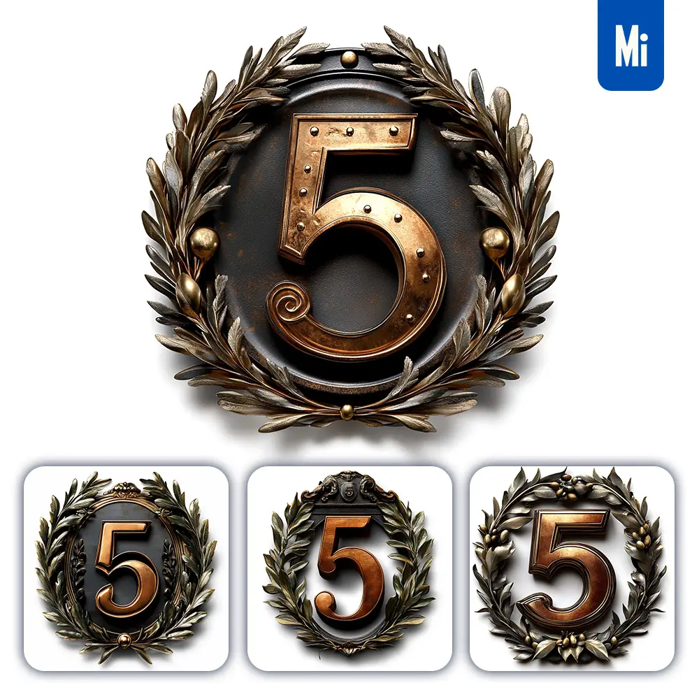 midjourney prompt 5 Number logo retro 3D rendering dark gold golden metal