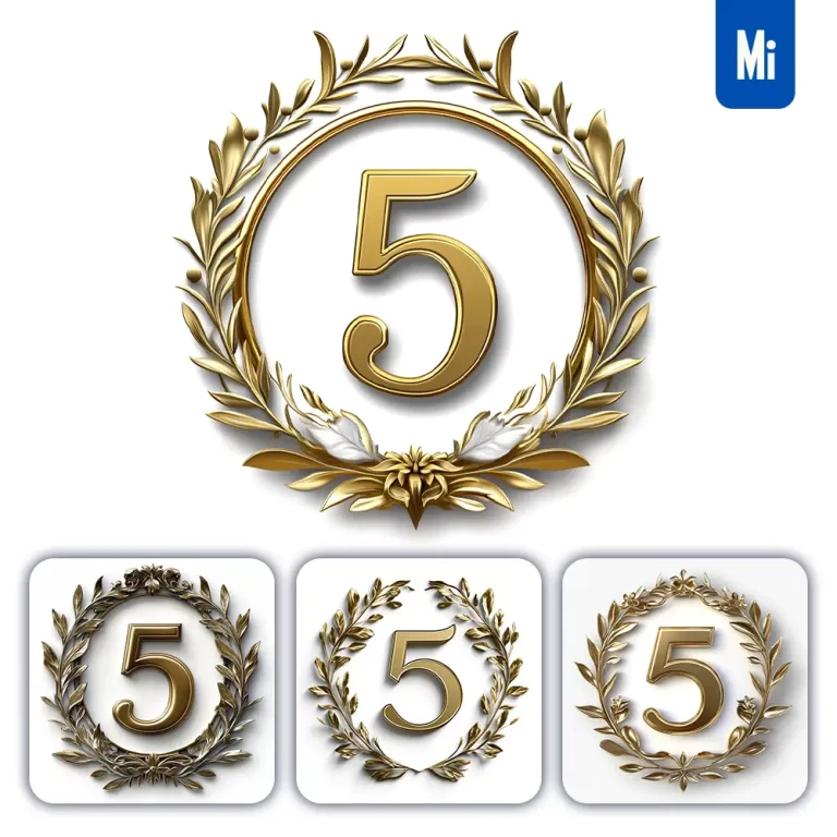 midjourney prompt 5 number badge gold golden dark olive branches round ring hollow white metal 3D rendering