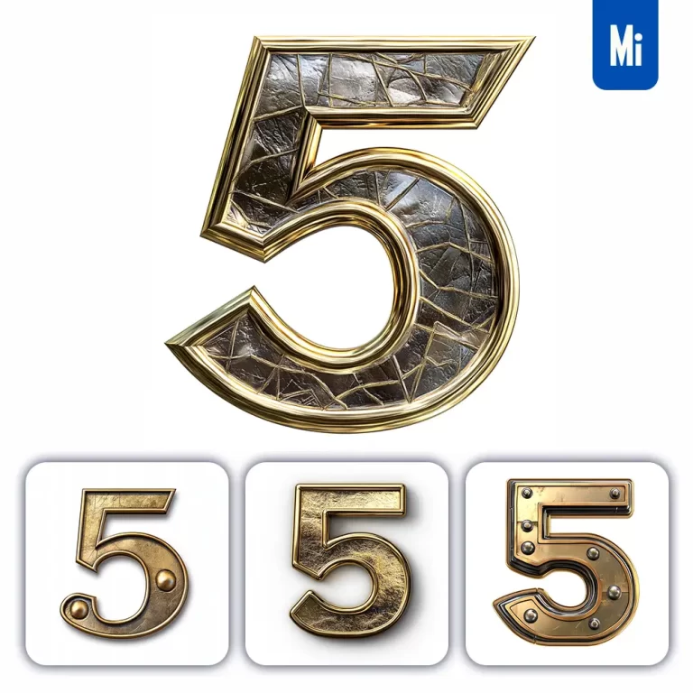midjourney prompt 5 number logo 3D rendering gold golden metal
