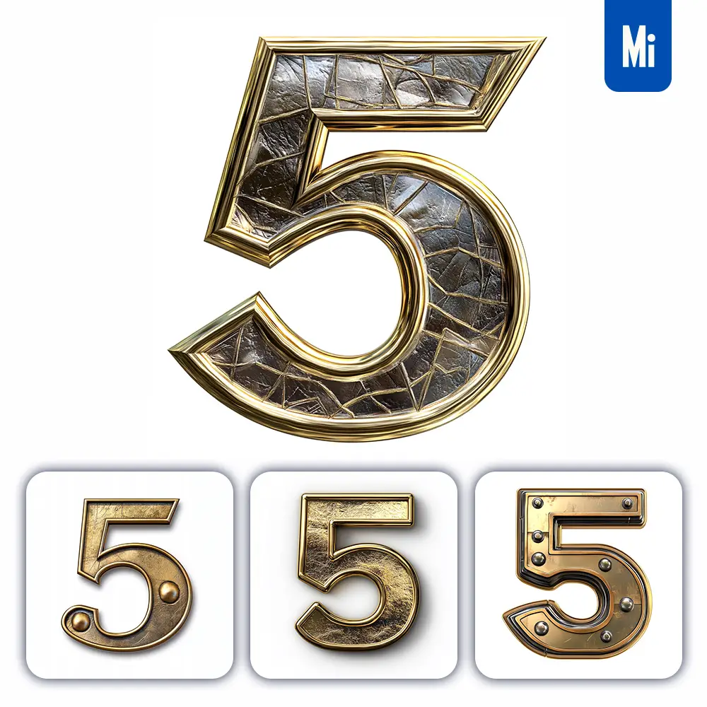 midjourney prompt 5 number logo 3D rendering gold golden metal