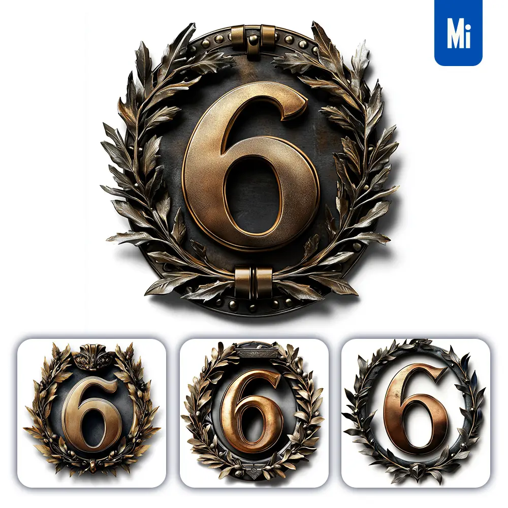 midjourney prompt 6 Number logo retro 3D rendering dark gold golden metal