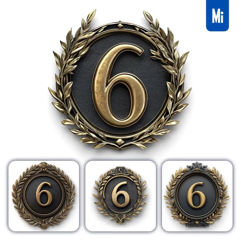 midjourney prompt 6 number badge gold coin golden dark olive branches round metal 3D rendering