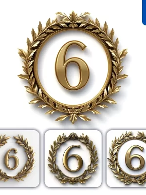 Midjourney Prompt 6 Number Badge Gold Golden Dark Olive Branches Round Ring Hollow White Metal 3d Rendering