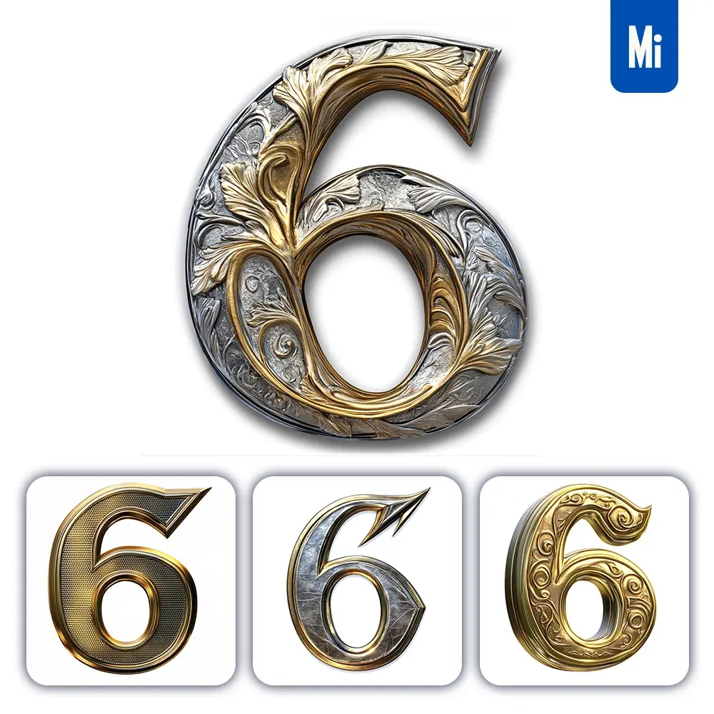 midjourney prompt 6 number logo 3D rendering gold golden metal
