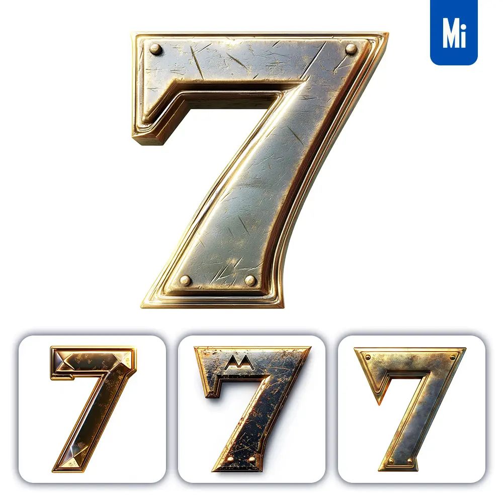 midjourney prompt 7 number logo 3D rendering gold golden metal