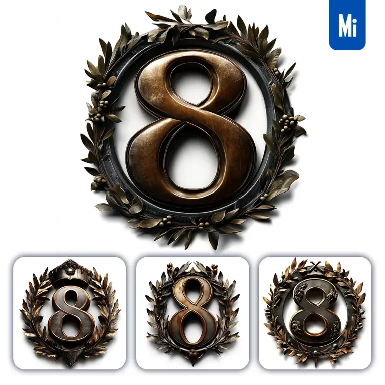 midjourney prompt 8 Number logo retro 3D rendering dark gold golden metal