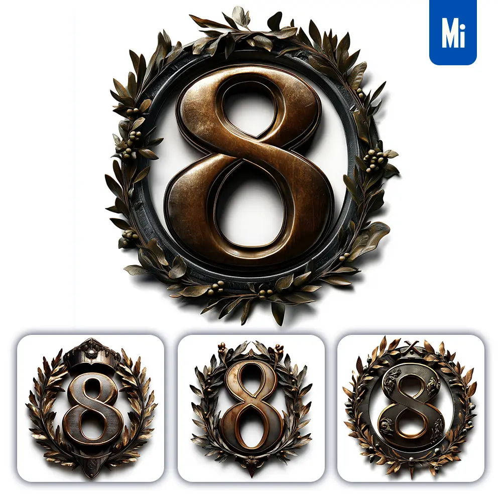 midjourney prompt 8 Number logo retro 3D rendering dark gold golden metal