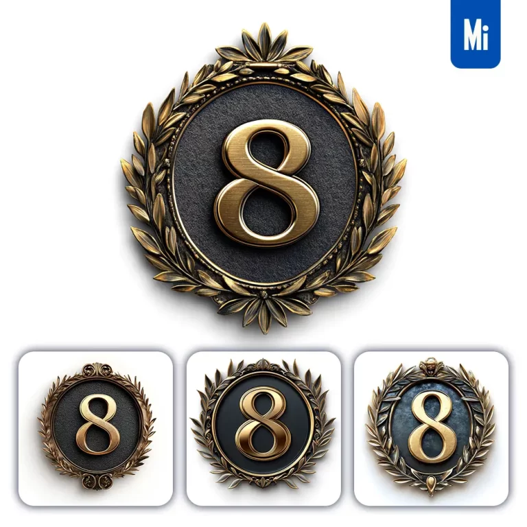 midjourney prompt 8 number badge gold coin golden dark olive branches round metal 3D rendering