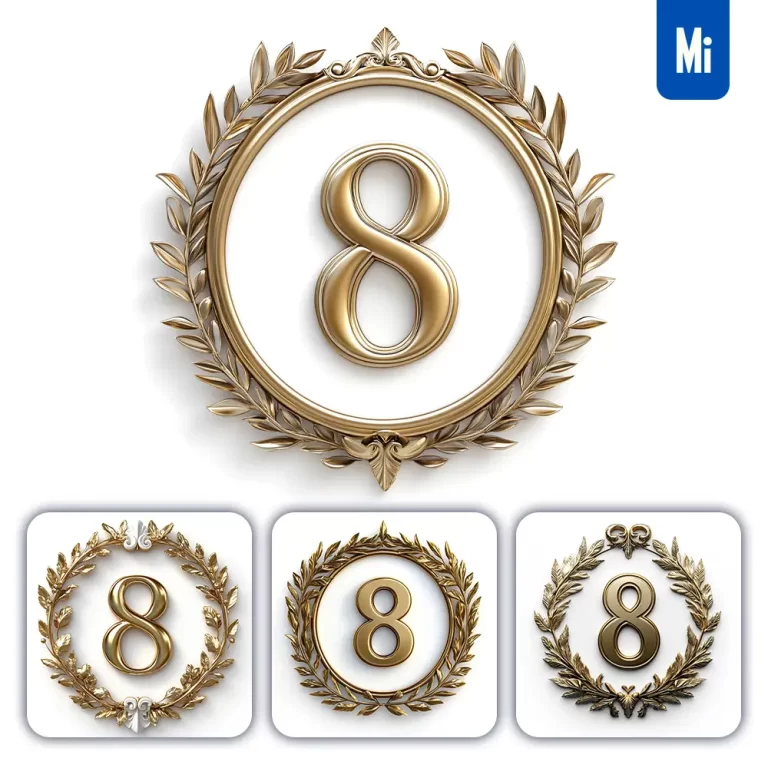 midjourney prompt 8 number badge logo gold golden dark olive branches round ring hollow white metal 3D rendering
