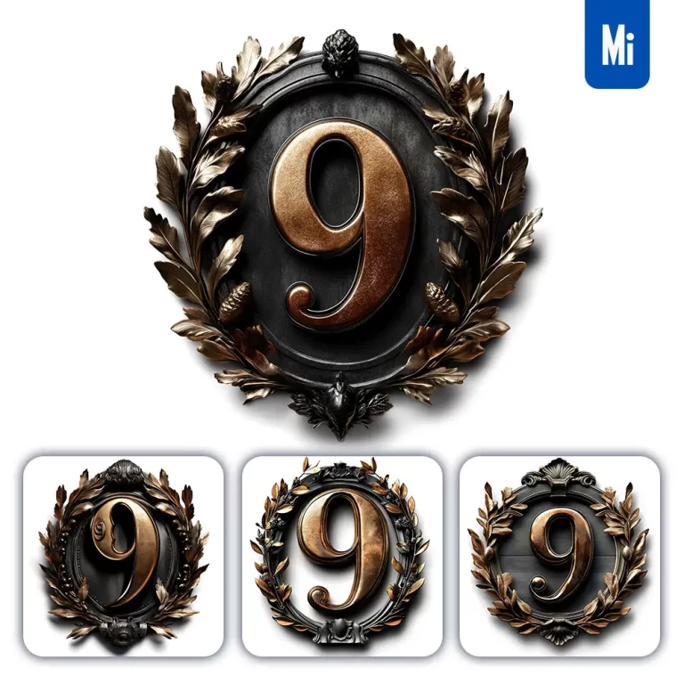 midjourney prompt 9 Number logo retro 3D rendering dark gold golden metal