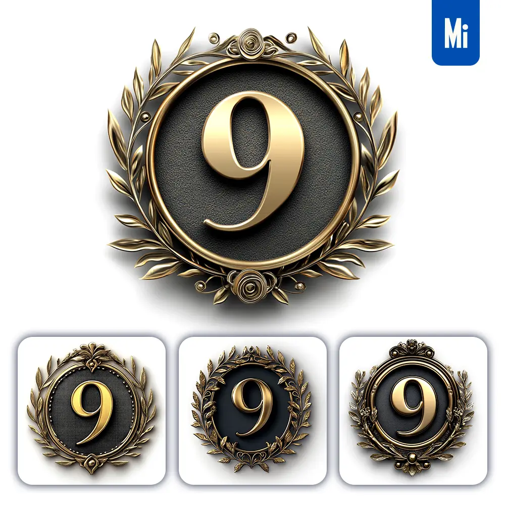 midjourney prompt 9 number badge gold coin golden dark olive branches round metal 3D rendering