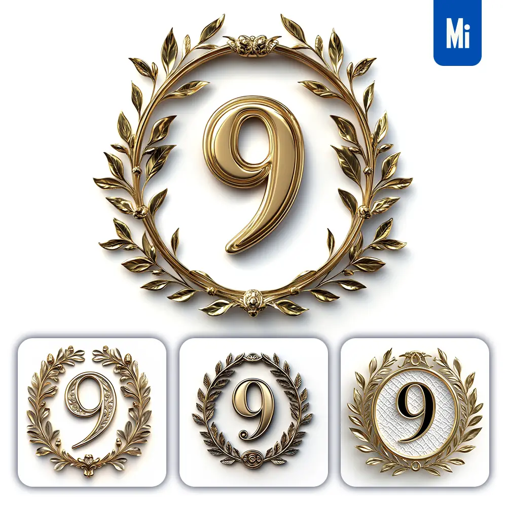 midjourney prompt 9 number badge logo gold golden dark olive branches round ring hollow white metal 3D rendering