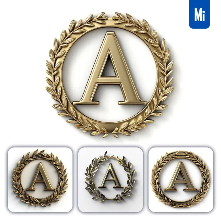 midjourney prompt A letter badge logo gold golden dark olive branches round ring hollow white metal 3D rendering