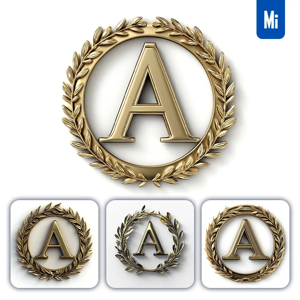 midjourney prompt A letter badge logo gold golden dark olive branches round ring hollow white metal 3D rendering