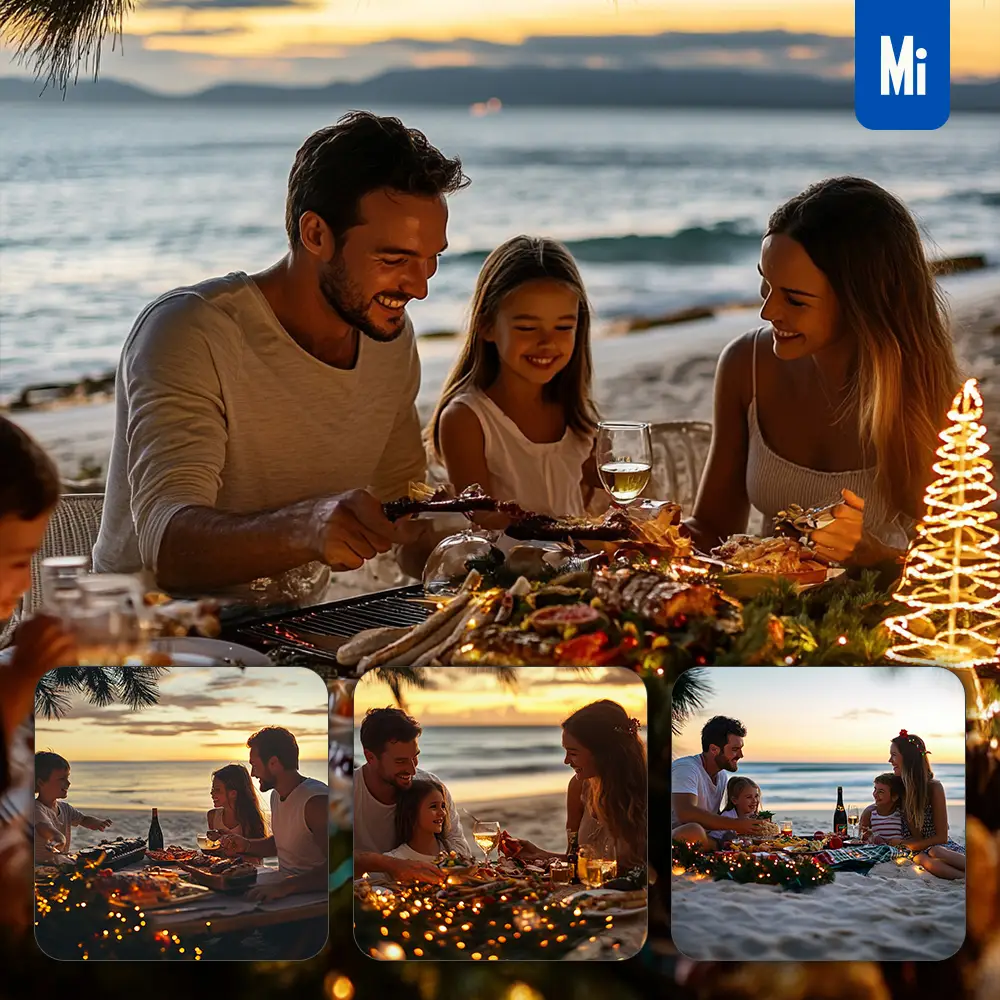 midjourney prompt Australian family happy Christmas sunset meal together photography