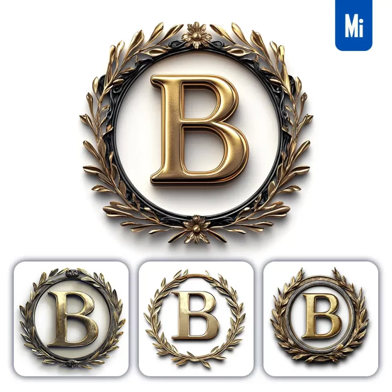 midjourney prompt B letter badge logo gold golden dark olive branches round ring hollow white metal 3D rendering