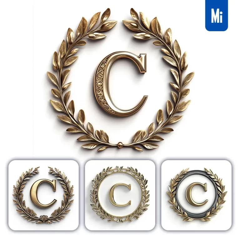 midjourney prompt C letter badge logo gold golden dark olive branches round ring hollow white metal 3D rendering
