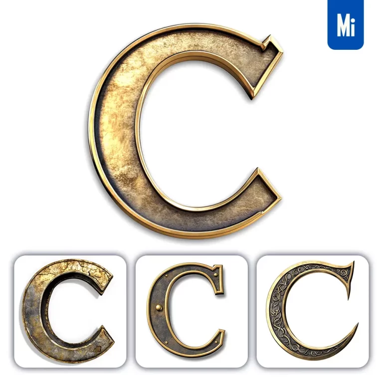 midjourney prompt C letter logo 3D rendering gold golden metal