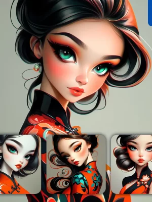 Midjourney Prompt Chinese Cheongsam Girl Woman Female Lady Portrait Cartoon Illustration