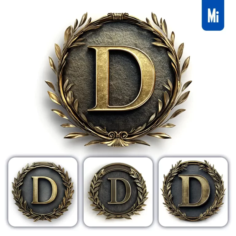 midjourney prompt D letter badge gold coin golden dark olive branches round metal 3D rendering